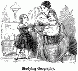 Studying Geography. A mother sitting with her two girls.