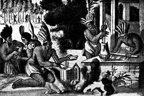 NATIVE AMERICAN INDIANS ROASTING AND GRINDING THE BEANS, AND MIXING THE CHOCOLATE IN A JUG WITH A WHISK. (From Ogilvy's _America_, 1671) NATIVE AMERICAN INDIANS ROASTING AND GRINDING THE BEANS, AND MIXING THE CHOCOLATE IN A JUG WITH A WHISK. (From Ogilvy's _America_, 1671)