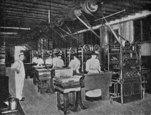 THE ENROBER. A machine for covering cremes, etc., with chocolate. Reproduced by permission of Messrs. Savy Jeanjean & Co., Paris. THE ENROBER. A machine for covering cremes, etc., with chocolate. Reproduced by permission of Messrs. Savy Jeanjean & Co., Paris.