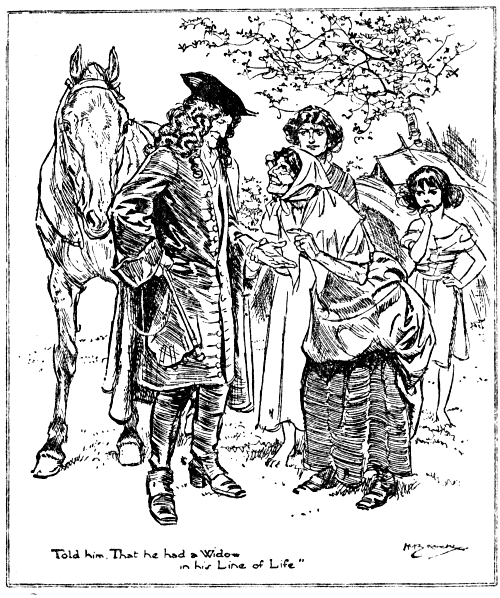 Told him, That he had a Widow in his Line of Life Man holding horse talks to old woman with children