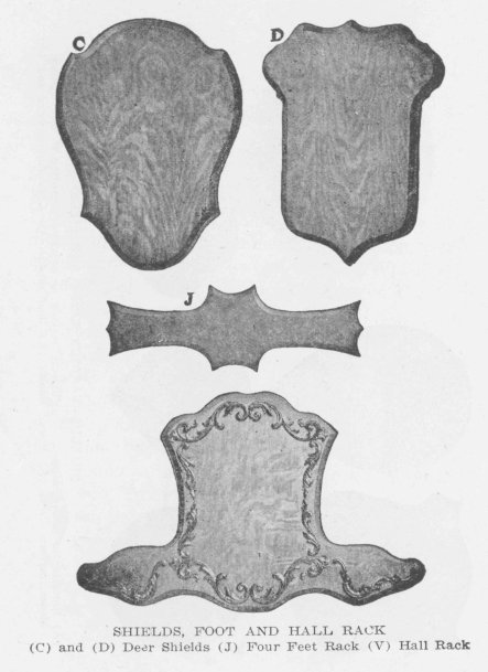 SHIELDS, FOOT AND HALL RACK. (C) and (D) Deer Shields (J) Four Feet Rack (V) Hall Rack