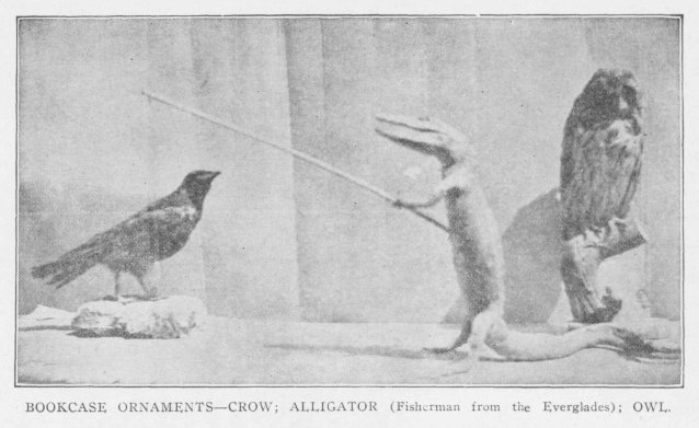BOOKCASE ORNAMENTS—CROW; ALLIGATOR (Fisherman from the Everglades); OWL.