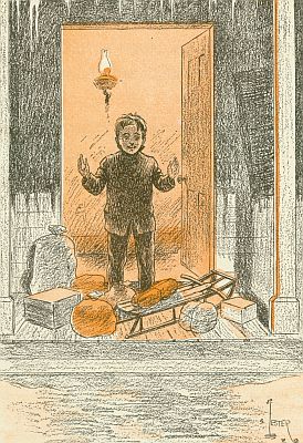 Framed in the doorway stood a boy gazing at a heap of bundles. Framed in the doorway stood a boy gazing at a heap of bundles.