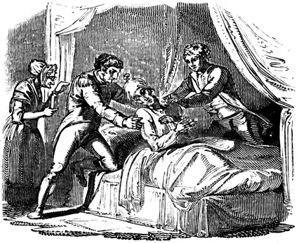 The Newcastle Apothecary Two men hold a third man who is obviously ill in bed.