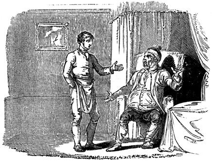 Lodgings for Single Gentlemen. A man in an apron speaks with a seated, angry loooking man.