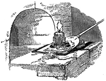 Baking A melting candle sits on a bread peel in front of a brick oven.