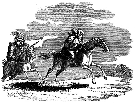 Friars' ride. Two men ride horseback.