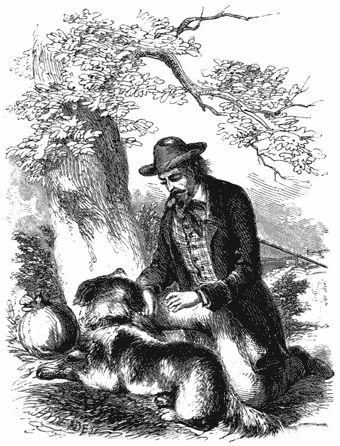 THE DOG FAITHFUL TILL DEATH. Page 92. A man, with a dog crouching in front of him