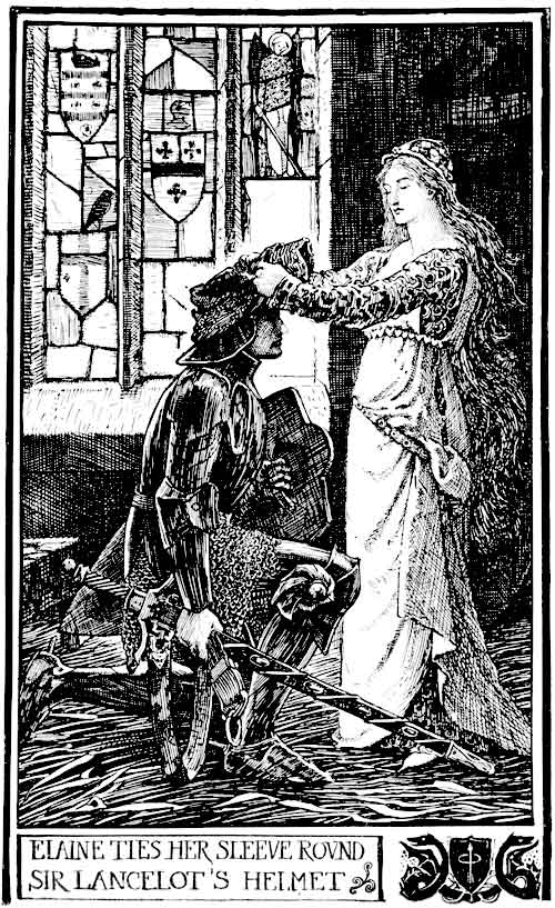 ELAINE TIES HER SLEEVE ROUND SIR LANCELOT'S HELMET