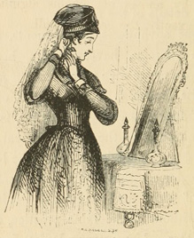 Woman standing in front of a mirror, adjusting her hat and veil