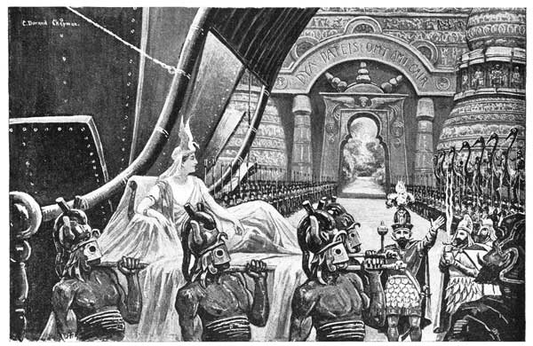 LYONE WAS BORNE ON A LITTER FROM THE AERIAL SHIP TO THE PALACE.