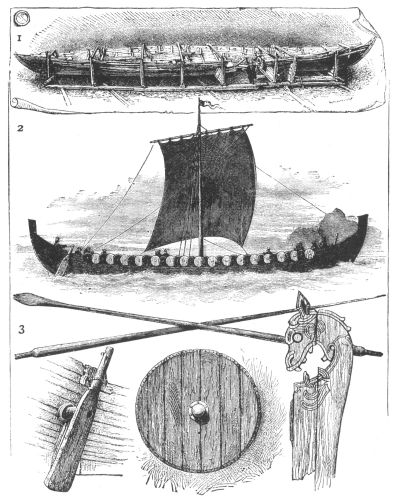 1.—SIDE VIEW OF THE GOGSTAD VIKING SHIP. 2.—VIKING SHIP RESTORED. 3.—DETAILS OF VIKING SHIP.