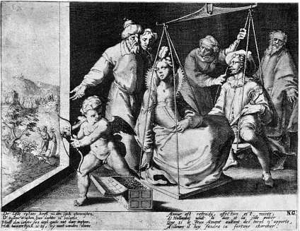Klik voor vergroting (1324×1021px, 364kb) Huwelijksweegschaal.—Foto naar een prent, toegeschreven aan G. de Jode.