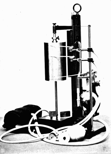 Fig. 15.—The Erlanger sphygmomanometer with the Hirschfelder attachments by means of which simultaneous tracings can be obtained from the brachial, carotid, and venous pulses. Fig. 15.—The Erlanger sphygmomanometer with the Hirschfelder attachments by means of which simultaneous tracings can be obtained from the brachial, carotid, and venous pulses.