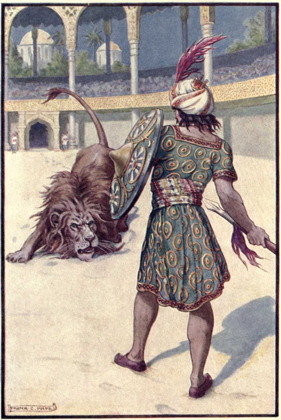 "With steady gaze he advanced, spear in hand."