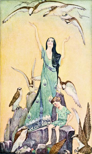 THROWING UP HER ARMS, SHE CRIED A LONG CALL, AND THE BIRDS BEGAN TO COME LOWER AND LOWER DOWN.