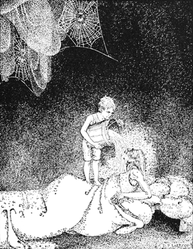 GROPING HIS WAY TO THE BUCKET OF COLD WATER—HE MANAGED TO RAISE IT UP IN HIS ARMS, AND POURED IT OVER THE SLEEPER.