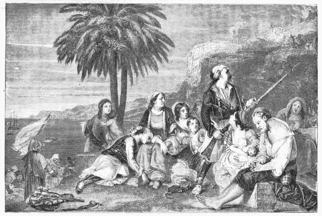 Greek Fugitives. By EASTLAKE. Painted for Sir Matthew White Ridley, Bart. Exhibited at the Royal Academy in A.D. 1833. Greek Fugitives. By EASTLAKE. Painted for Sir Matthew White Ridley, Bart. Exhibited at the Royal Academy in A.D. 1833.