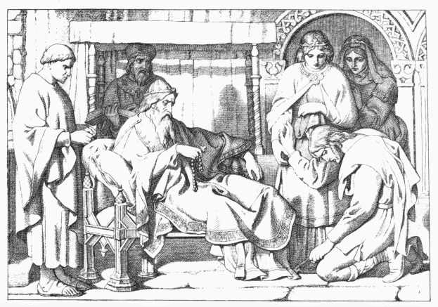 Harold, returned from Normandy, presents himself to Edward the Confessor. By MACLISE. A.D. 1866.  From the "Story of the Norman Conquest." Harold, returned from Normandy, presents himself to Edward the Confessor. By MACLISE. A.D. 1866.  From the "Story of the Norman Conquest."