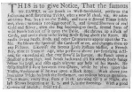 Clipping from the London Daily Post of August, 1735, in which Fawkes advertises his admission price as twelvepence. From the Harry Houdini Collection.