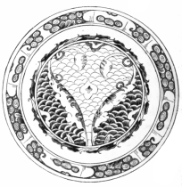 Fig. 141.—Persian Plaque. Central Section, Blue; Side Section, Green; Scroll-work, Brown. (Boston Museum of Fine Arts.)