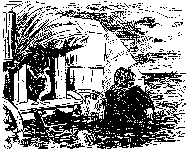 Woman persuading child to bathe.