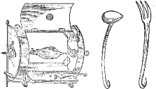 Fig. 26.—Cocinera. Cucharon para asados. Tenedor para asados.