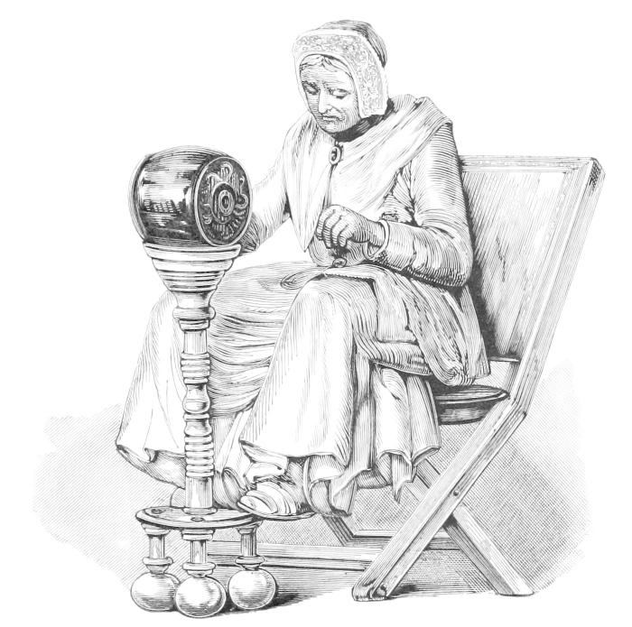 Statuette of woman with raised lace     making drum Statuette of woman with raised lace     making drum