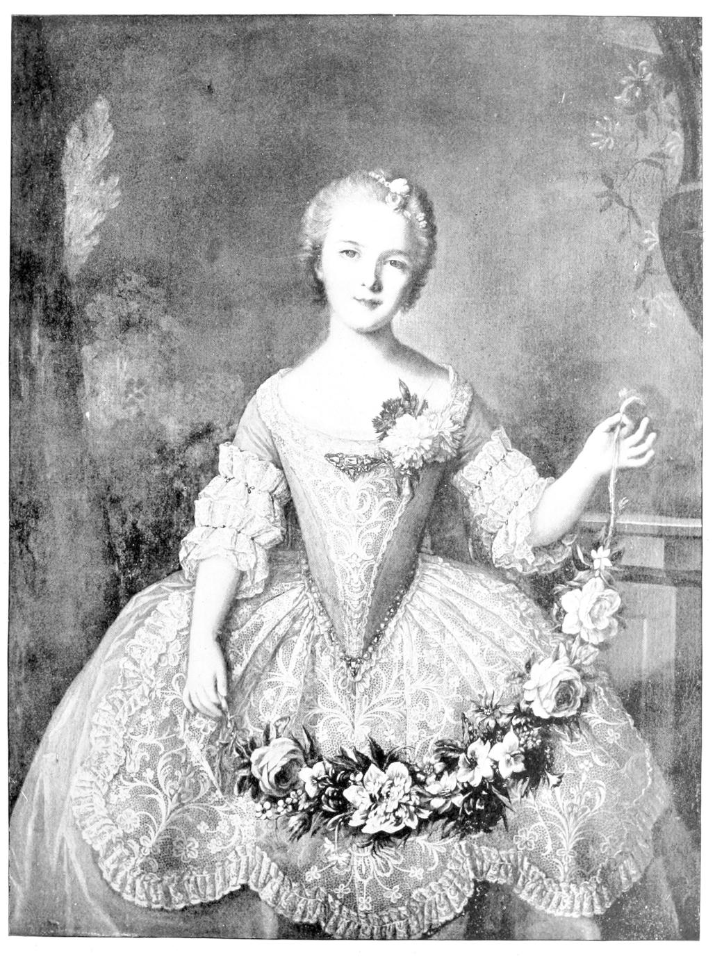 Girl in dress heavily decorated with     lace Girl in dress heavily decorated with     lace