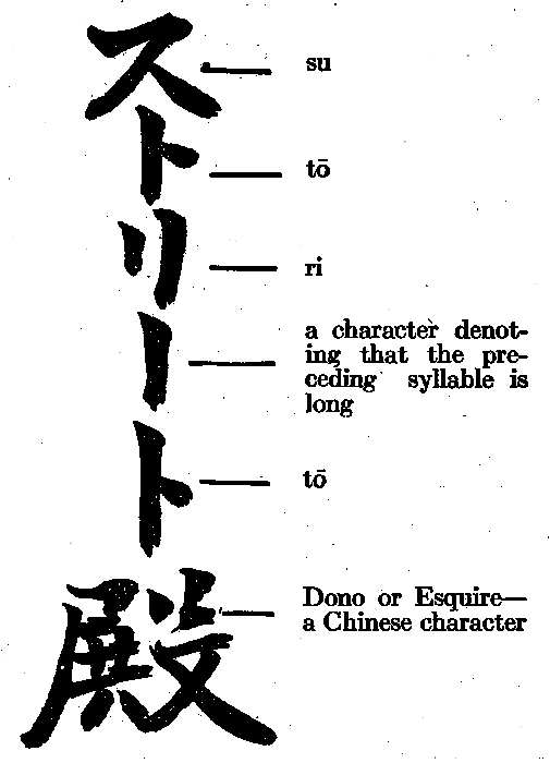 su tō ri a character denoting that the preceding syllable is long tō Dono or Esquire—a Chinese character su tō ri a character denoting that the preceding syllable is long tō Dono or Esquire—a Chinese character